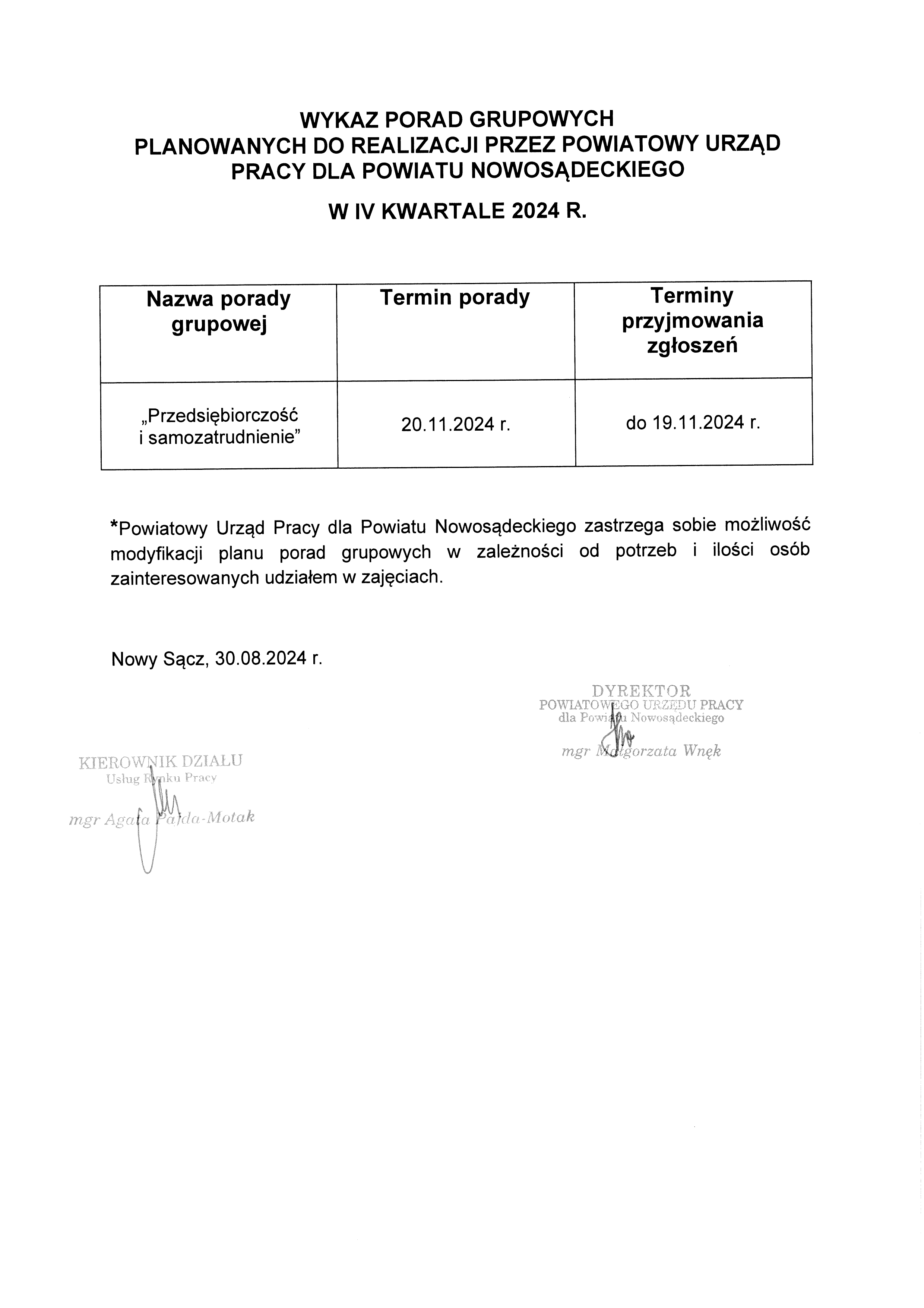 WYKAZ PORAD GRUPOWYCH PLANOWANYCH DO REALIZACJI PRZEZ POWIATOWY URZĄD PRACY DLA POWIATU NOWOSĄDECKIEGO W IV KWARTALE 2024 R.